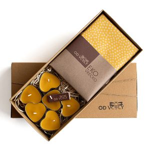 Darčeková krabička s voskovým vreckom a včelími čajovkami-odvcely.sk